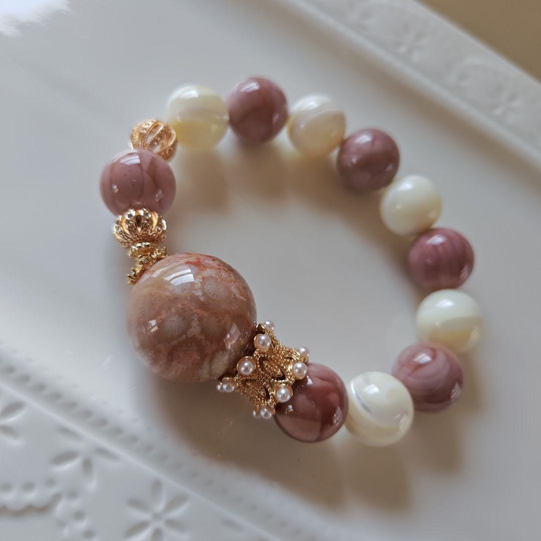 新作♡特大フォッシルコーラル、ピンク阿拉善瑪瑙、マザーオブパール