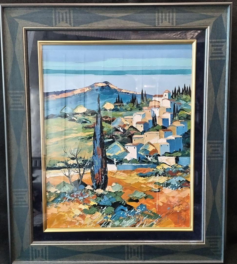 ベルナール・ケルフィリー KERFILY「丘の村」油彩 風景画 額装 フランス