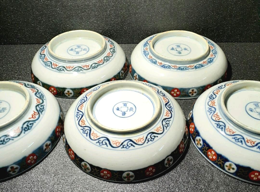 江戸時代後期　献上古伊万里　染錦　鳳凰に桐葉文様　15.4cm   深皿　5客