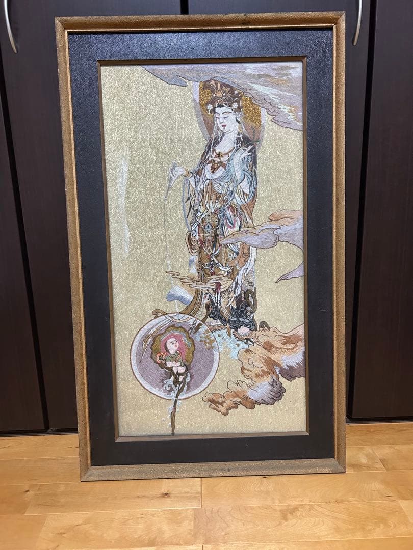 慈母観音図 仏画 仏教美術　 悲母観音 刺繍画 刺繍アート　額美術品