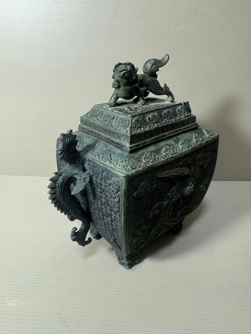 2136  高岡銅器 米田秀保造 獅子摘 龍鳳凰紋 四つ足 香炉
