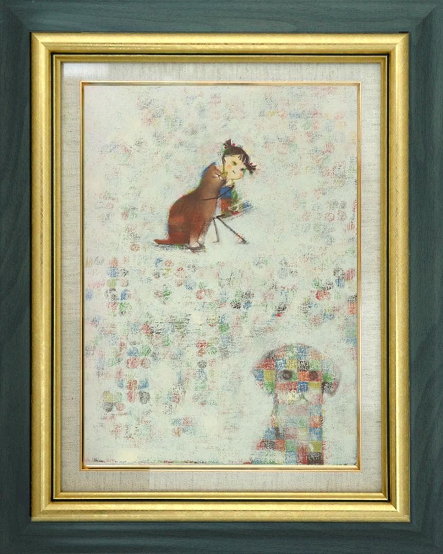 油絵 菅家令子絵 絵画インテリア額付(青緑＋金色の枠)F4-072419猫犬女子