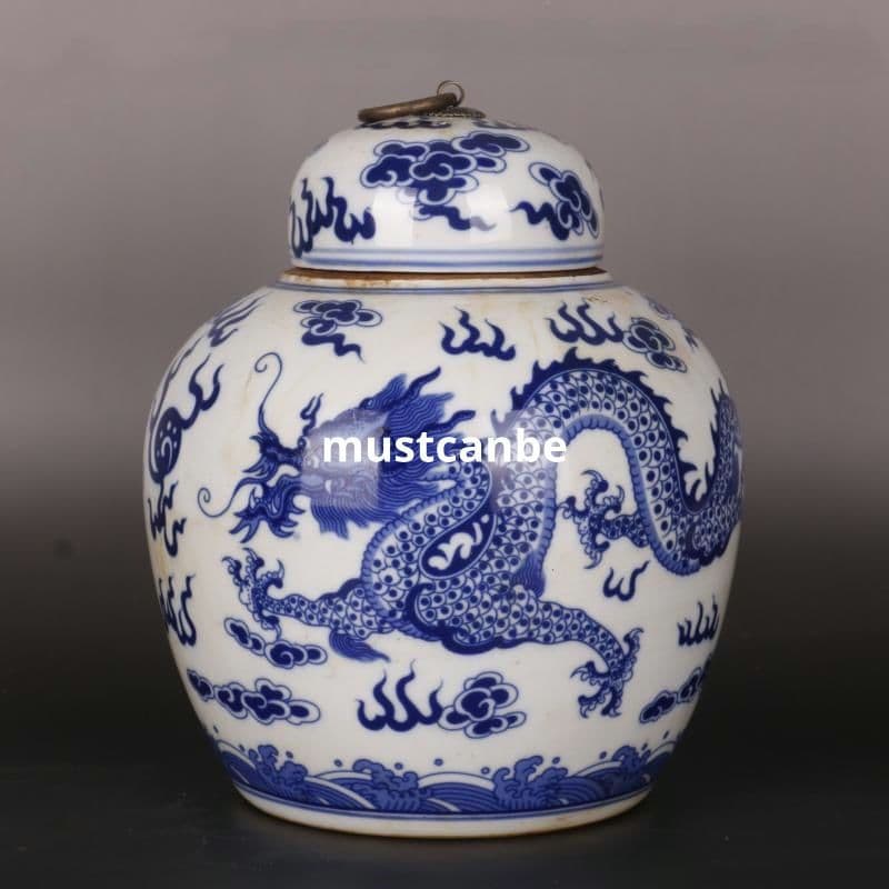 清康熙鯖双龍戯珠紋蓋缶 景徳鎮 陶磁器 装飾品 現代工芸品 置物