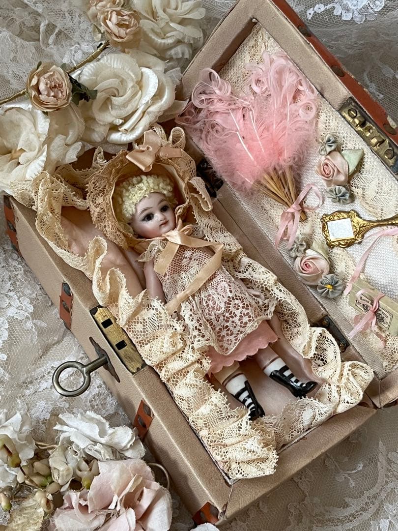 アンティークヴィンテージビスクドールミニョネット ボックスローズリボンレース