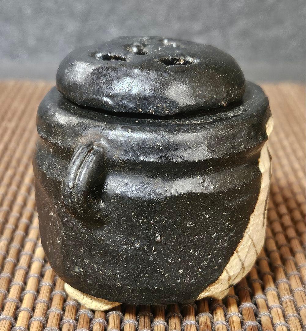 明治時代　古美濃　古瀬戸　黒織部　鉄絵　草文様　双耳　香炉　茶道具　茶器　香道具