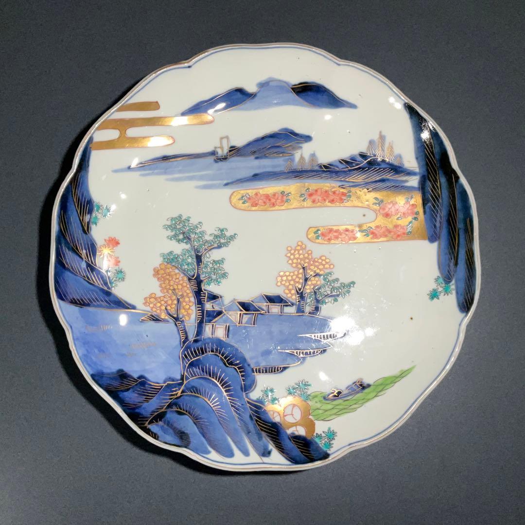 伊万里金襴手山水図八寸皿　Φ24㎝　骨董　古伊万里　江戸幕末　R0918w1ダS