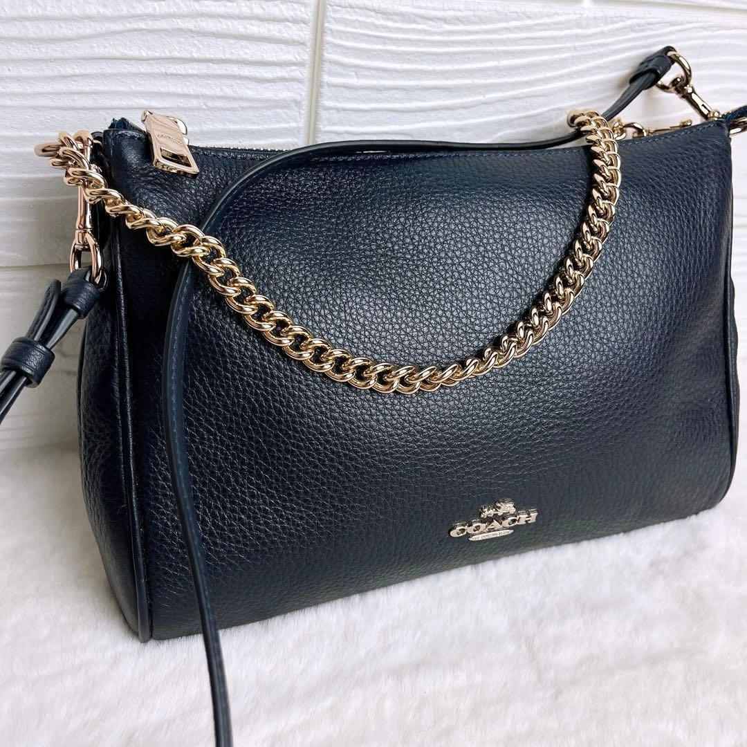 未使用☆COACHコーチ チェーン2wayショルダーバッグ シボ革レザー 紺色