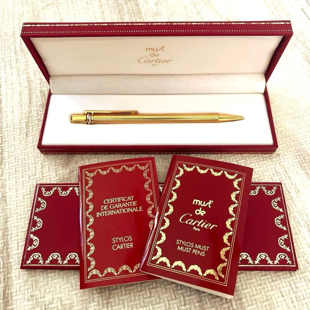【美品】カルティエ　ボールペン　トリニティ　ゴールド　青インク　ストライプ