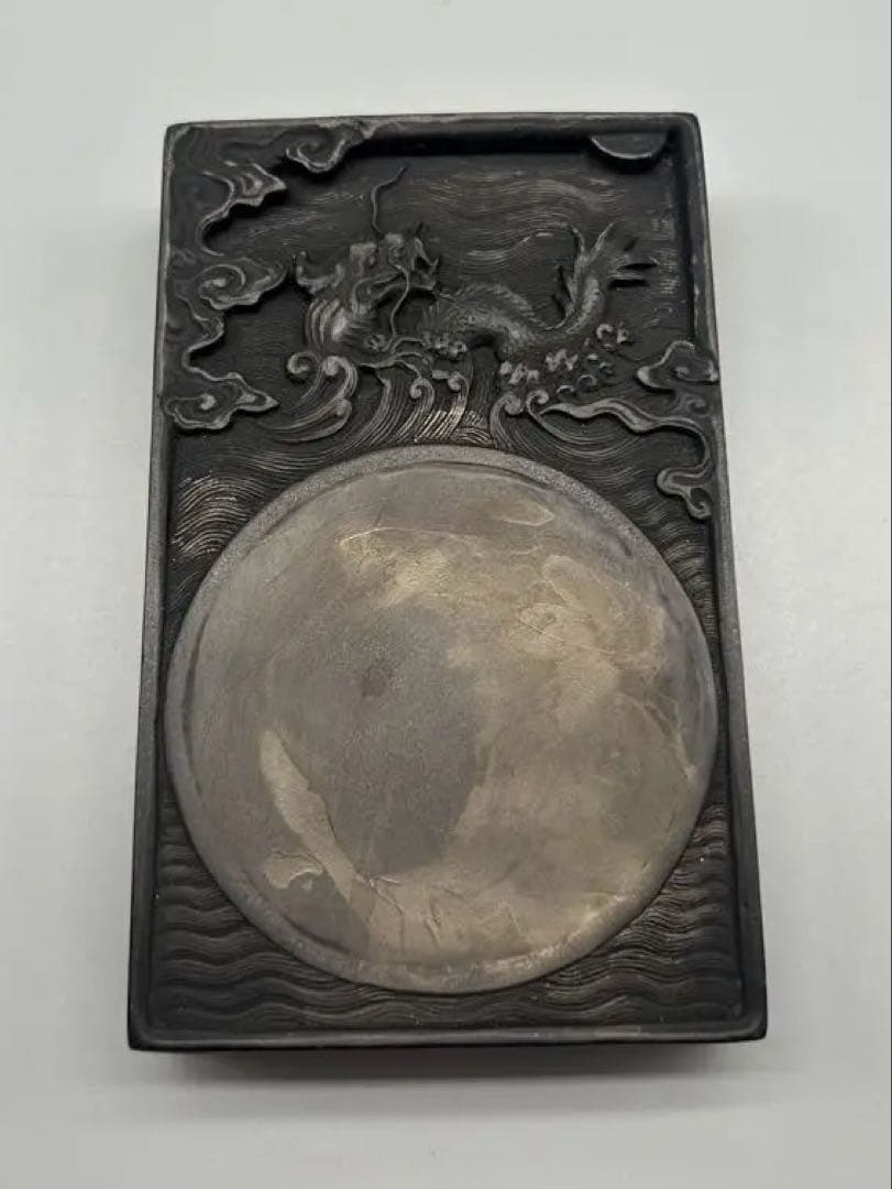 【骨董品】中国古硯　波と龍の彫刻 硯箱