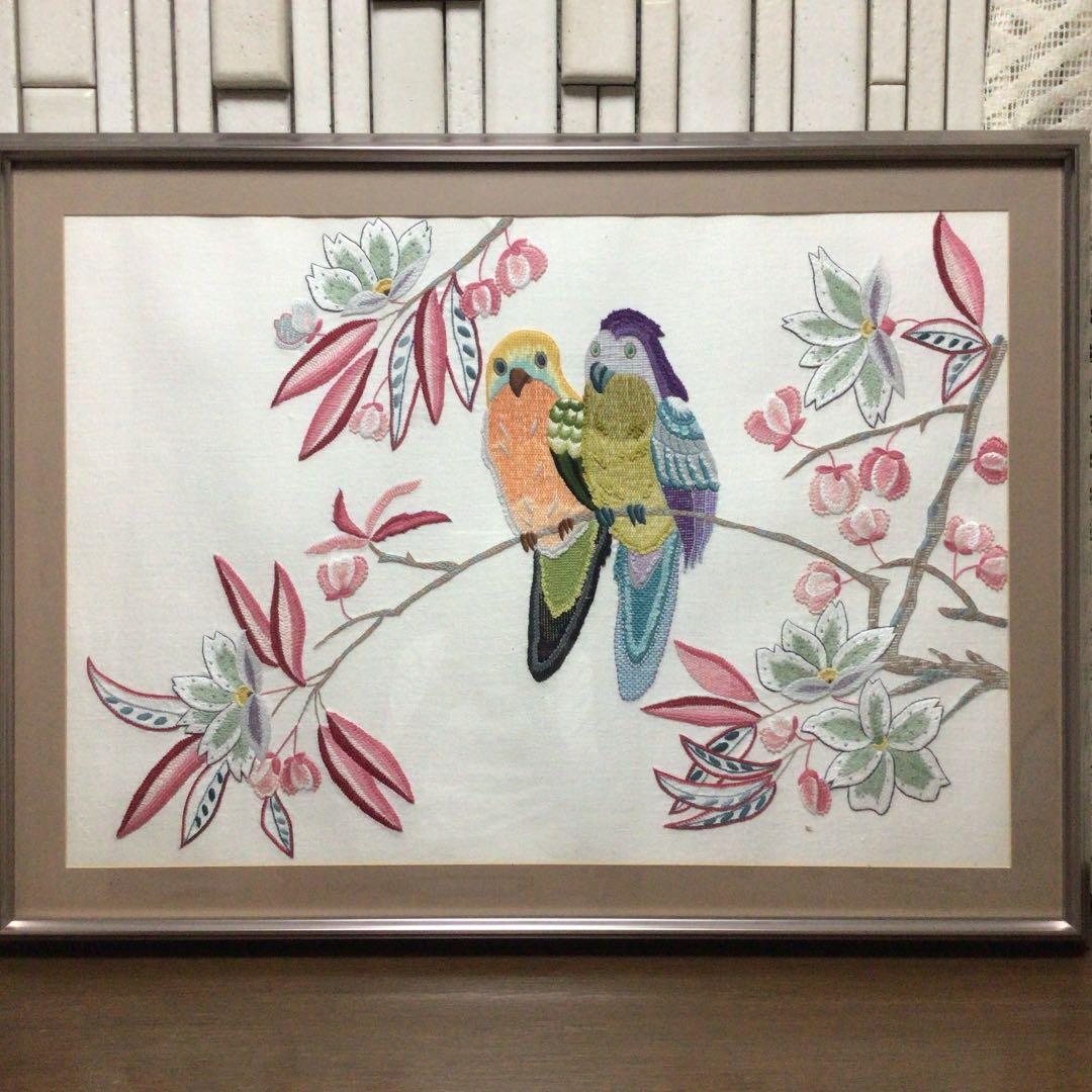 手刺しゅう　額　鳥