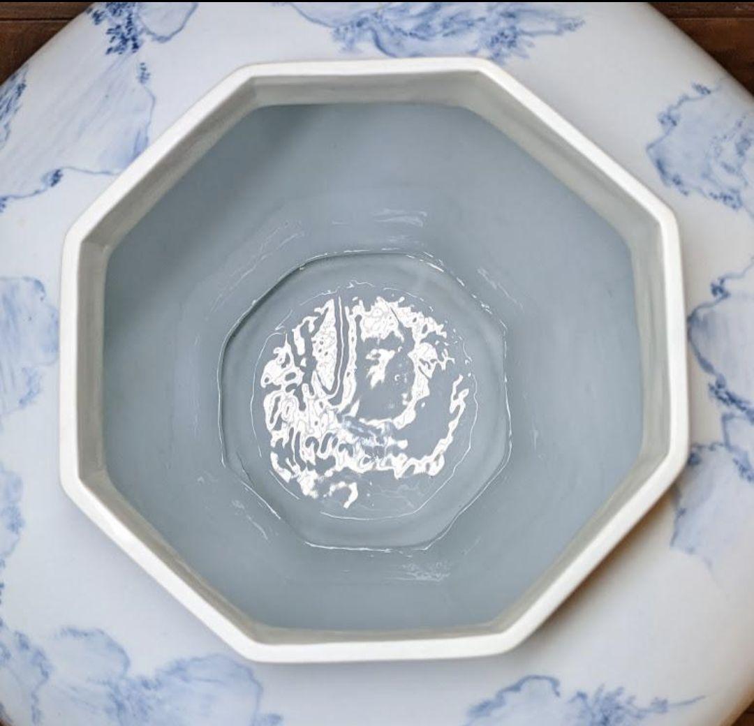 未使用　有田焼　沈香壺　染付　神右衛門作　総手描　特大八角壺　山水絵 三段飾り壷