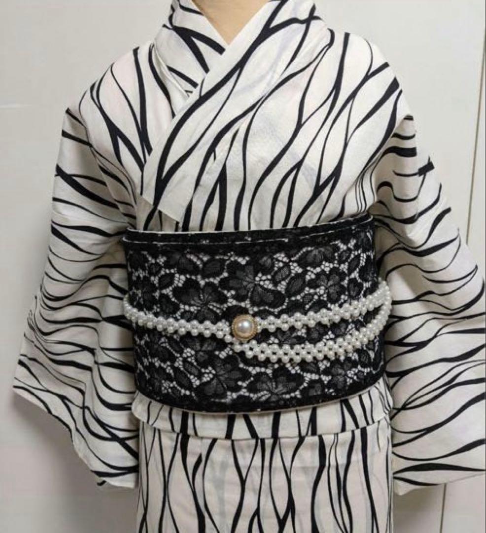 ゆかた Lサイズと、浴衣ようパール帯締めのセット ホワイト✖ブラック