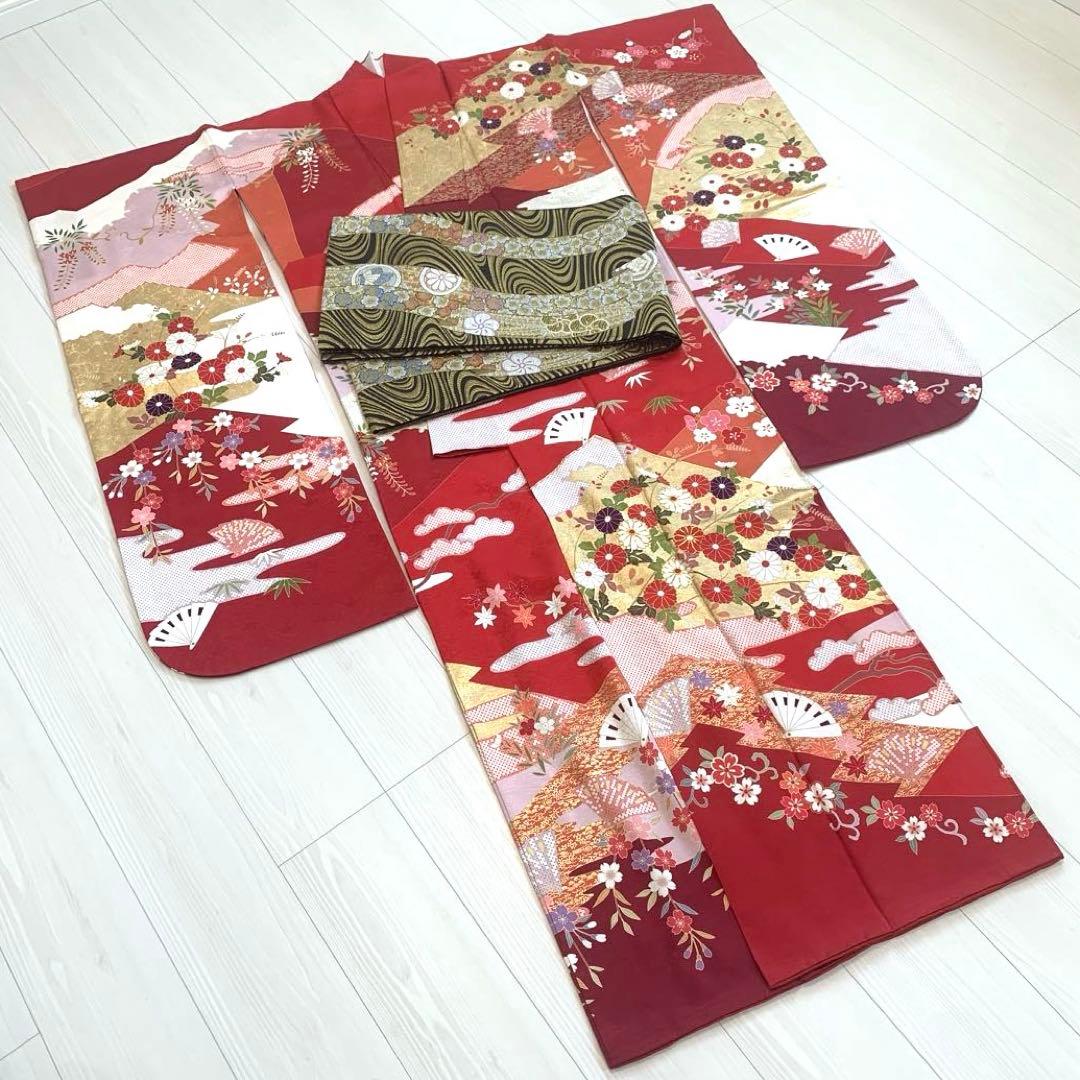 振袖 帯 2点セット 成人式 結婚式 正絹 セレモニー 赤 ボルドー 華やか