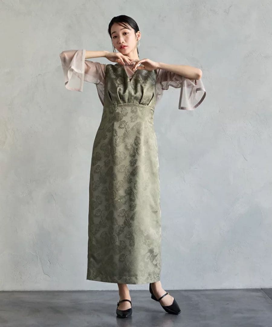 チュールブラウス付きジャガードIラインドレス