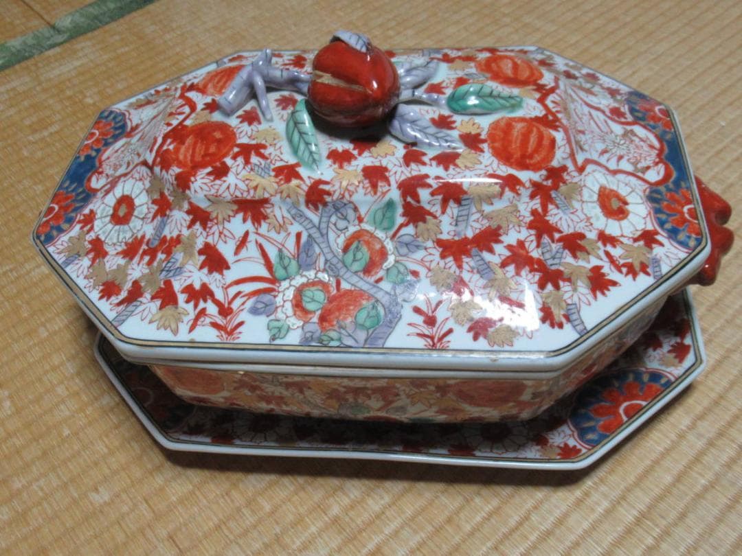 ◆極希少 江戸幕末！古伊万里 染錦(紅葉/桃/菊) 手持ち造形桃蓋付 チュリーン