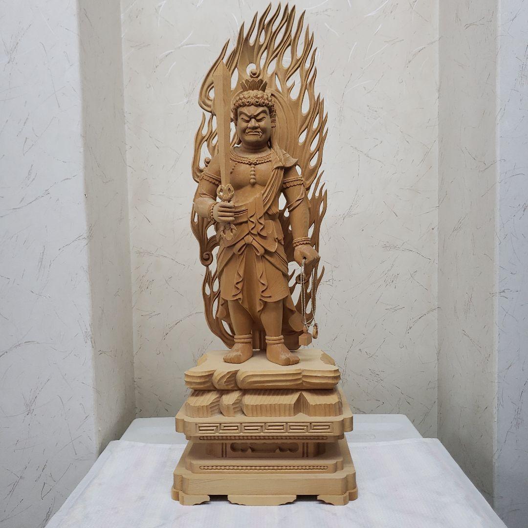 Ｂフライデー蔵出し特価極上彫り★白木材 不動明王立像１尺立★お不動さん火の鳥彫り