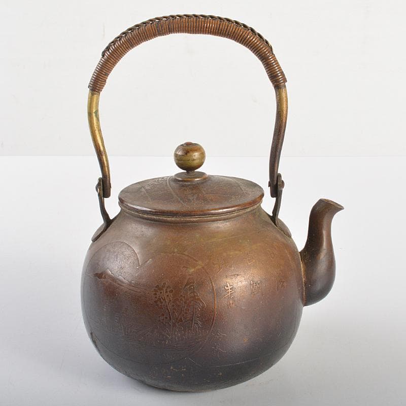 えびけん　煎茶道具　銅製漢詩山水梅文湯沸し　薬缶　時代箱付　M　R6738