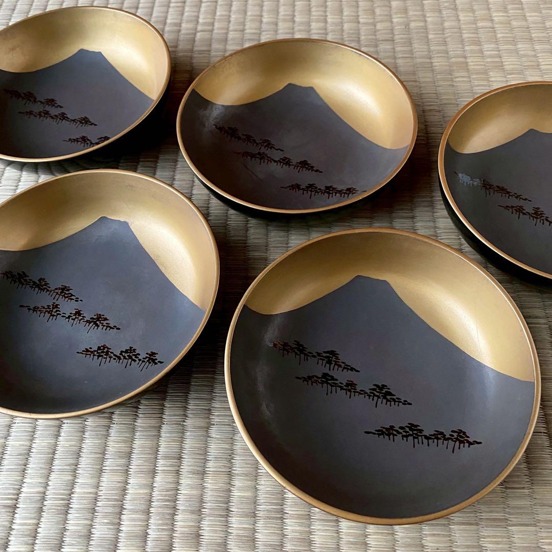 時代 輪島塗【富士松原蒔絵 小皿5客組】銘々皿 天然木 漆塗 懐石 茶道具