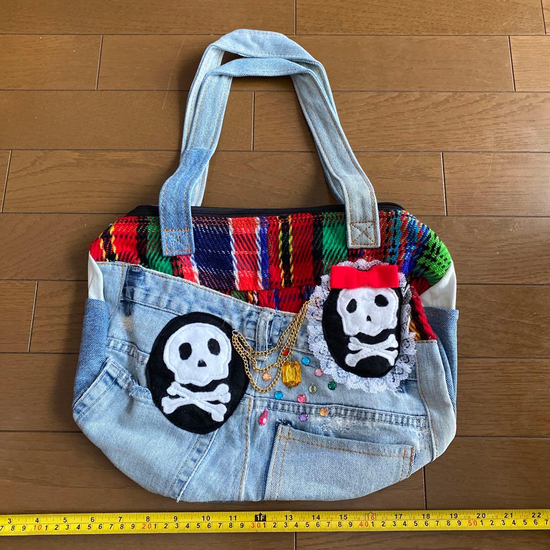デニム　ドクロ　キラキラ　バック　レトロ