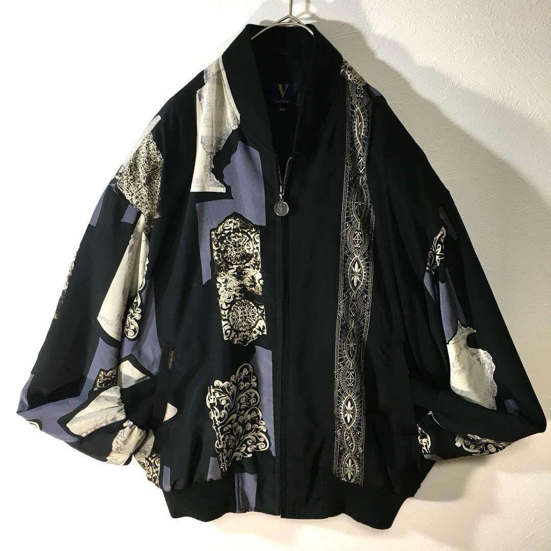 【個性派古着】長袖総柄デザインブルゾン　豪華刺繍入り　ヨーロピアン調　LL